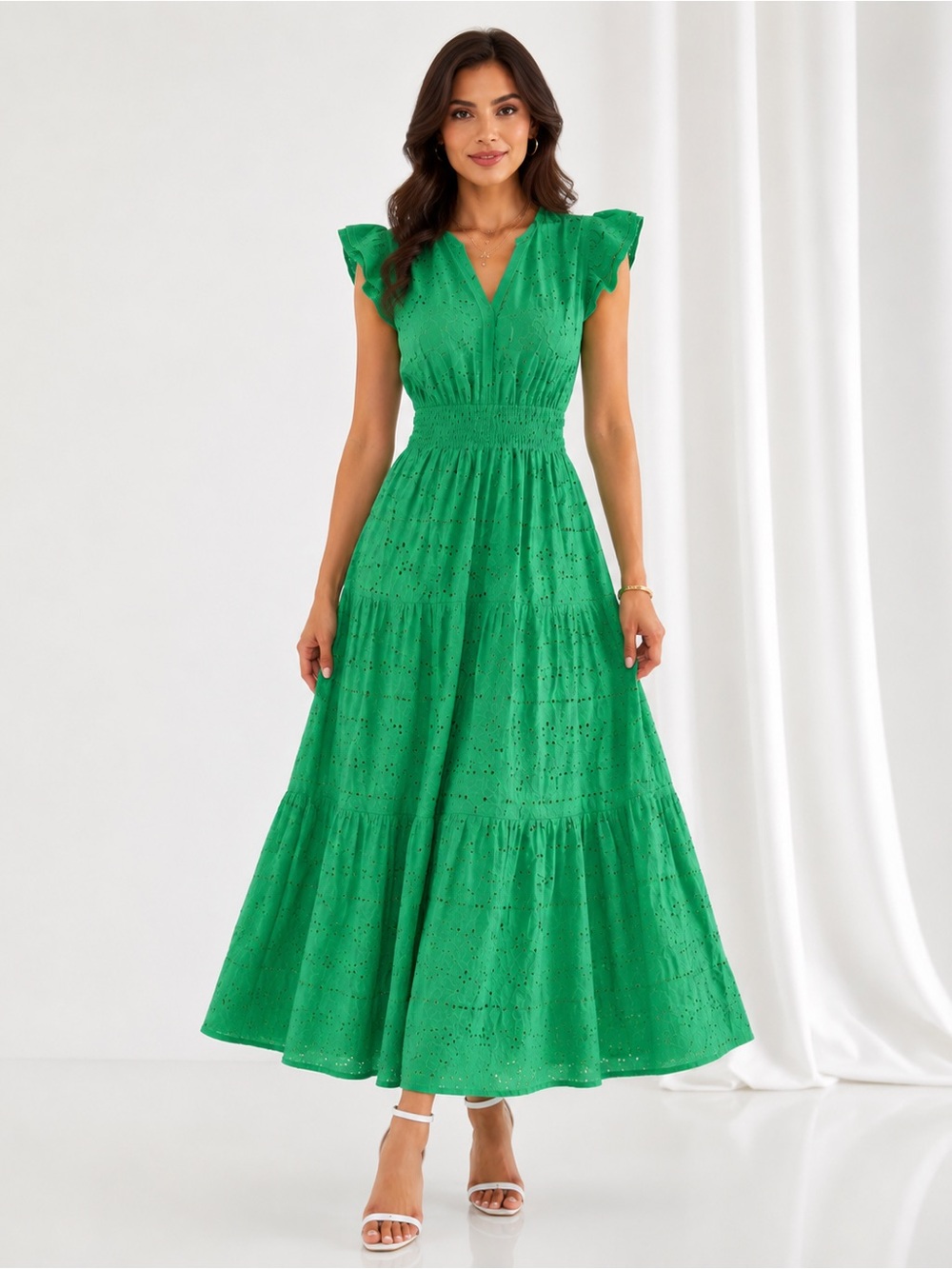 NEW Elegant Green Floral Lace Eyelet Maxi Dress | Smocked Waist Boho